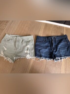 Universal Thread Distressed Denim Shorts - Olive and Dark Blue